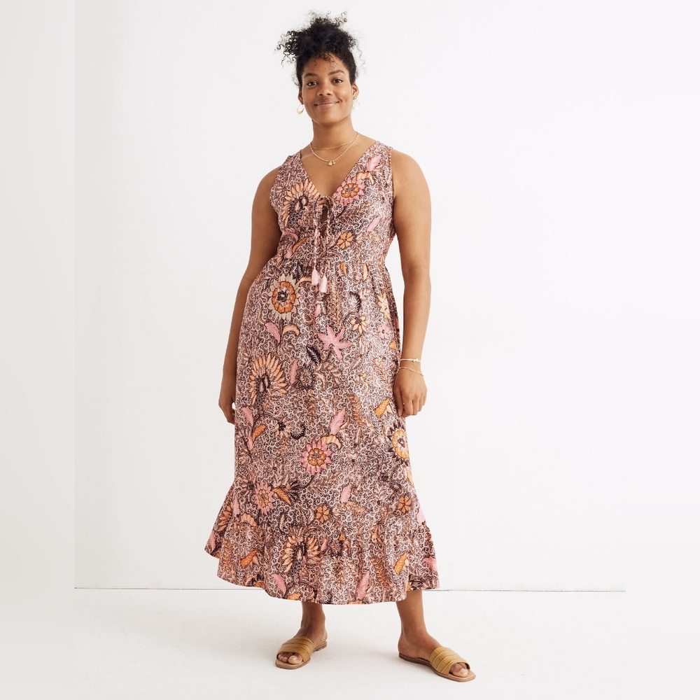 Madewell Lace-Up Ruffle-Hem Midi Dress in Bali Blooms